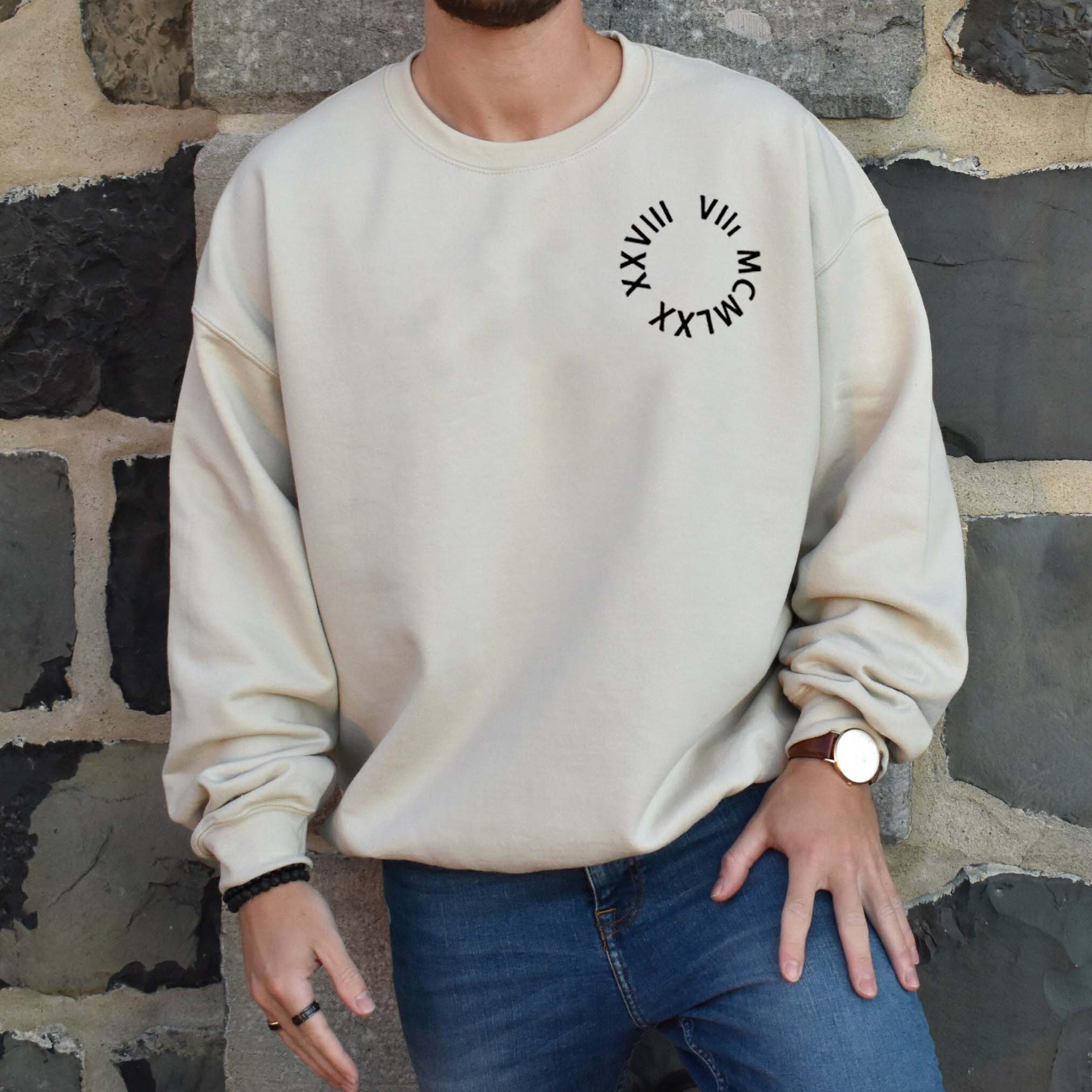 (Round) Custom Embroidered Roman Numeral Date Couple's Crewneck