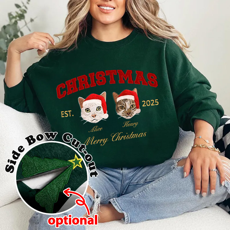 Custom Merry Christmas Embroidered Pet Portrait Sweatshirt with Glitter Side Bow Design