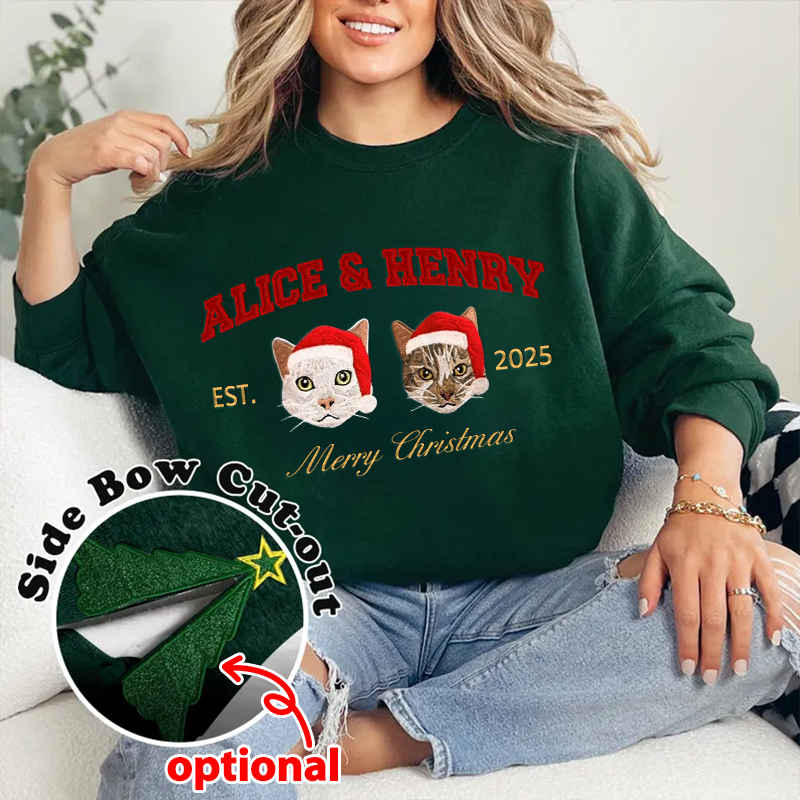 Custom Merry Christmas Embroidered Pet Portrait Sweatshirt with Glitter Side Bow Design