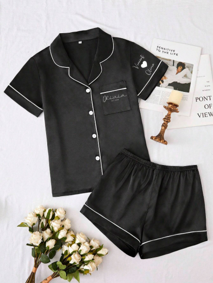 Personalized Print Women Pajamas Sleepwear Ice Silk Short Sleeve Top And Shorts, Custom Black Ice Silk Pajama Set Comfortable, Gift For Mom-ilovevango