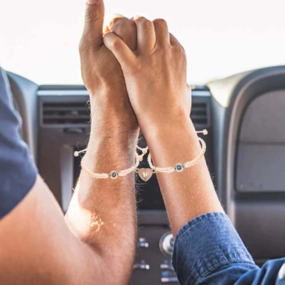 Custom Photo Projection Bracelet Simple Woven Heart Magnetic Bracelet Gift for Couple-ilovevango