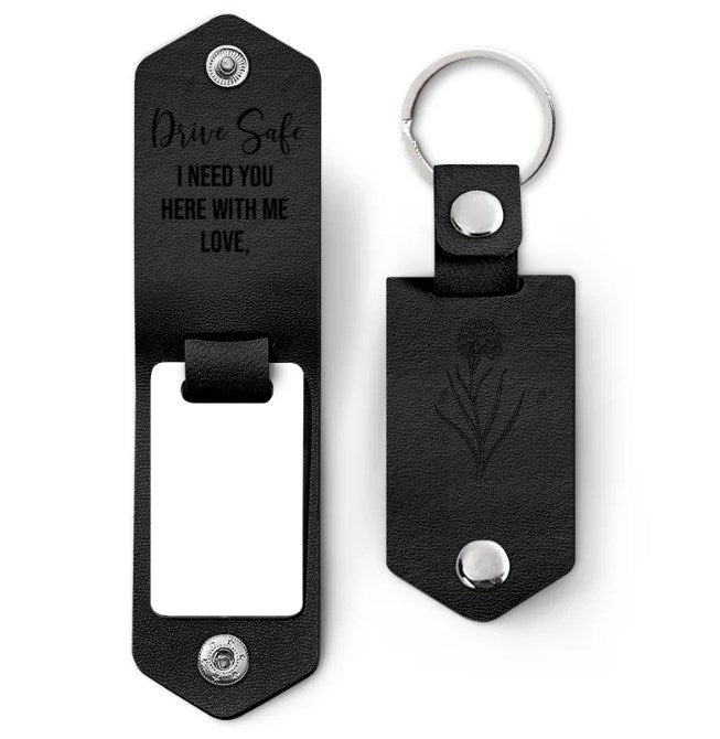 Custom Photo Birth Flower With Name Sketch - Gift For Her, Gift For Women - Personalized Leather Photo Keychain-ilovevango