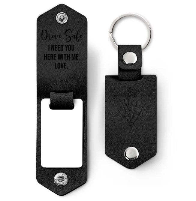 Custom Photo Birth Flower With Name Sketch - Gift For Her, Gift For Women - Personalized Leather Photo Keychain-ilovevango