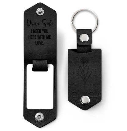 Custom Photo Birth Flower With Name Sketch - Gift For Her, Gift For Women - Personalized Leather Photo Keychain-ilovevango