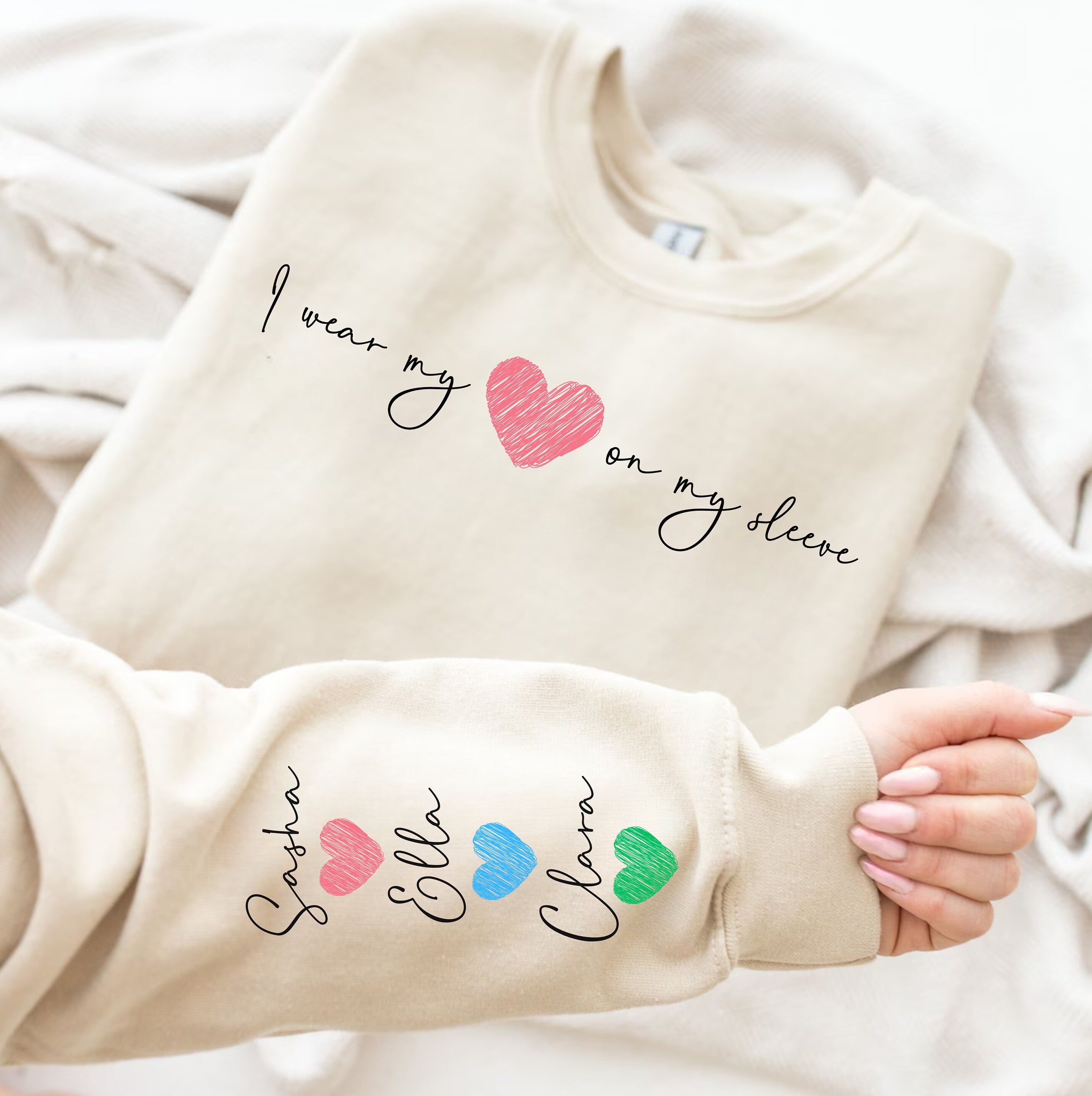 I Wear My Heart On My Sleeve - Family Personalized Custom Unisex Sweatshirt With Design On Sleeve - Gift For Mom, Grandma-ilovevango