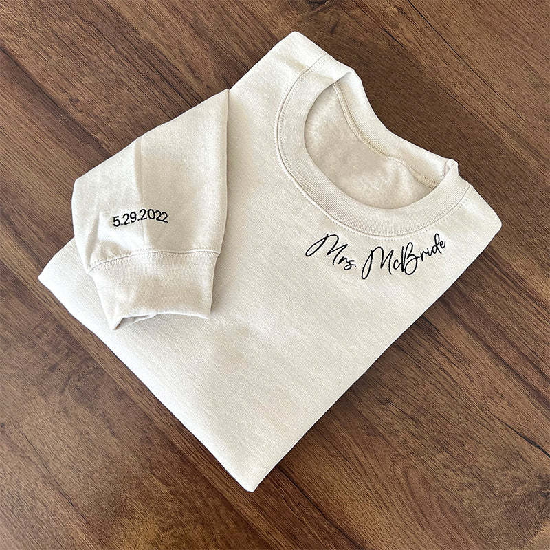 Custom Mrs. Embroidered Sweatshirt, Date On Sleeve, Name On Neckline, Wife Shirt, Future Mrs Hoodie, Engagement Gift, Bride To Be-ilovevango