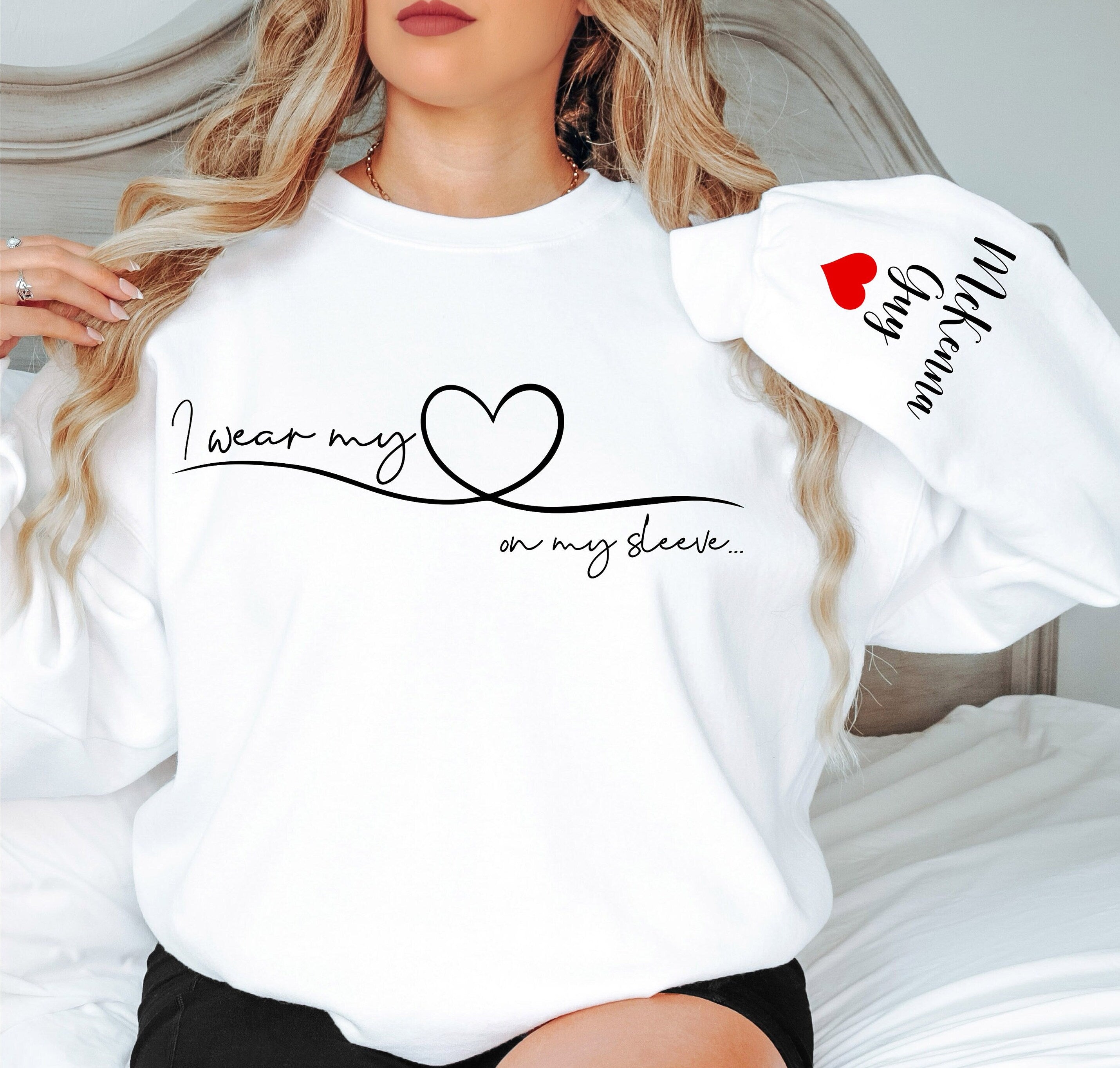 I Wear My Heart On My Sleeve Sweatshirt With Kid Names, Custom Mom Sweatshirt, Kids Names On Sleeve-ilovevango