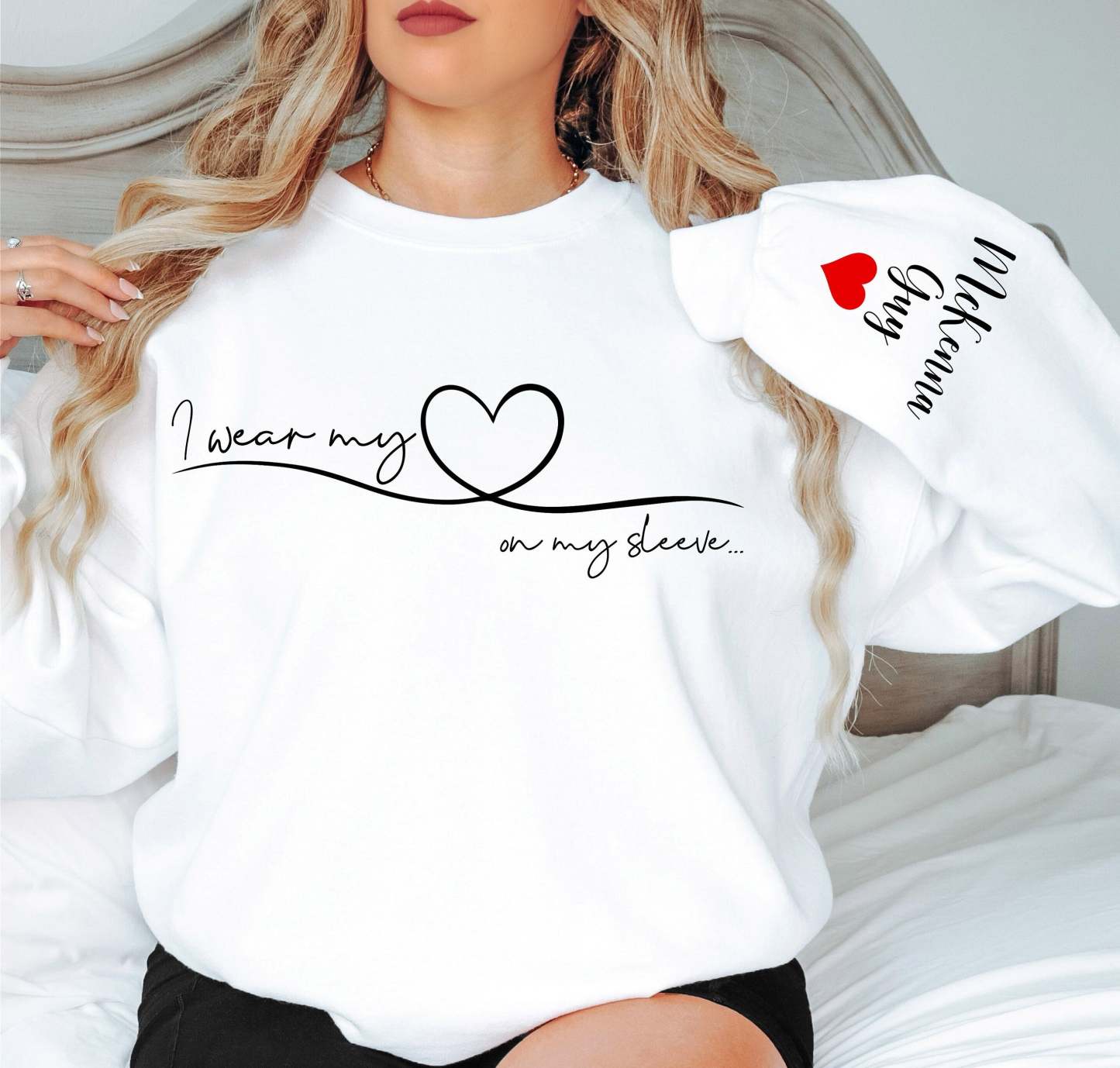 I Wear My Heart On My Sleeve Sweatshirt With Kid Names, Custom Mom Sweatshirt, Kids Names On Sleeve-ilovevango