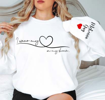 I Wear My Heart On My Sleeve Sweatshirt With Kid Names, Custom Mom Sweatshirt, Kids Names On Sleeve-ilovevango