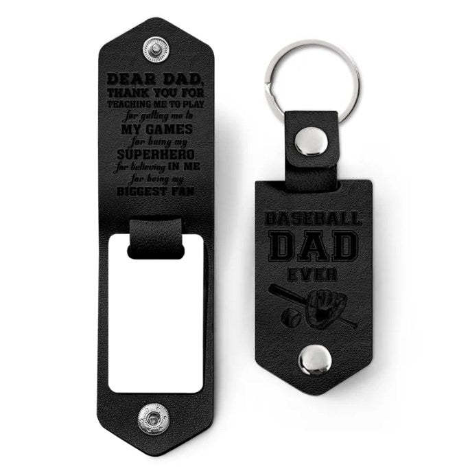 Custom Photo Dear Dad Thank You For Teaching Me - Birthday, Loving Gift For Baseball, Softball Father - Personalized Leather Photo Keychain-ilovevango