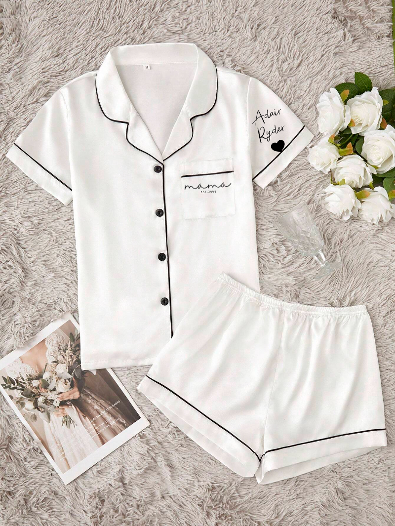 Custom Mama Print White Ice Silk Short Sleeve Top And Shorts, Thin Summer PJ Set, Mothers Day Gift-ilovevango