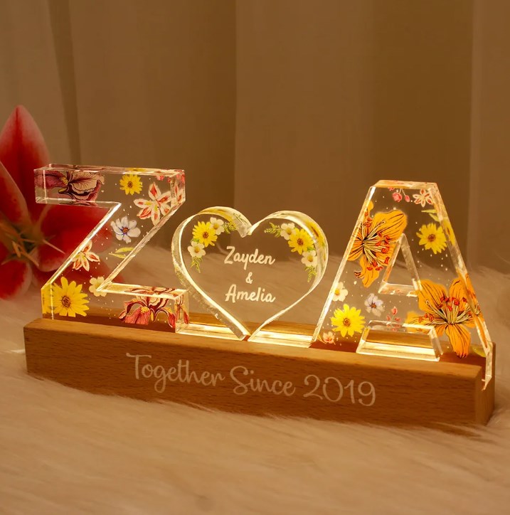 Couple Initial Letter, Flower Birth Month, Personalized LED Night Light
