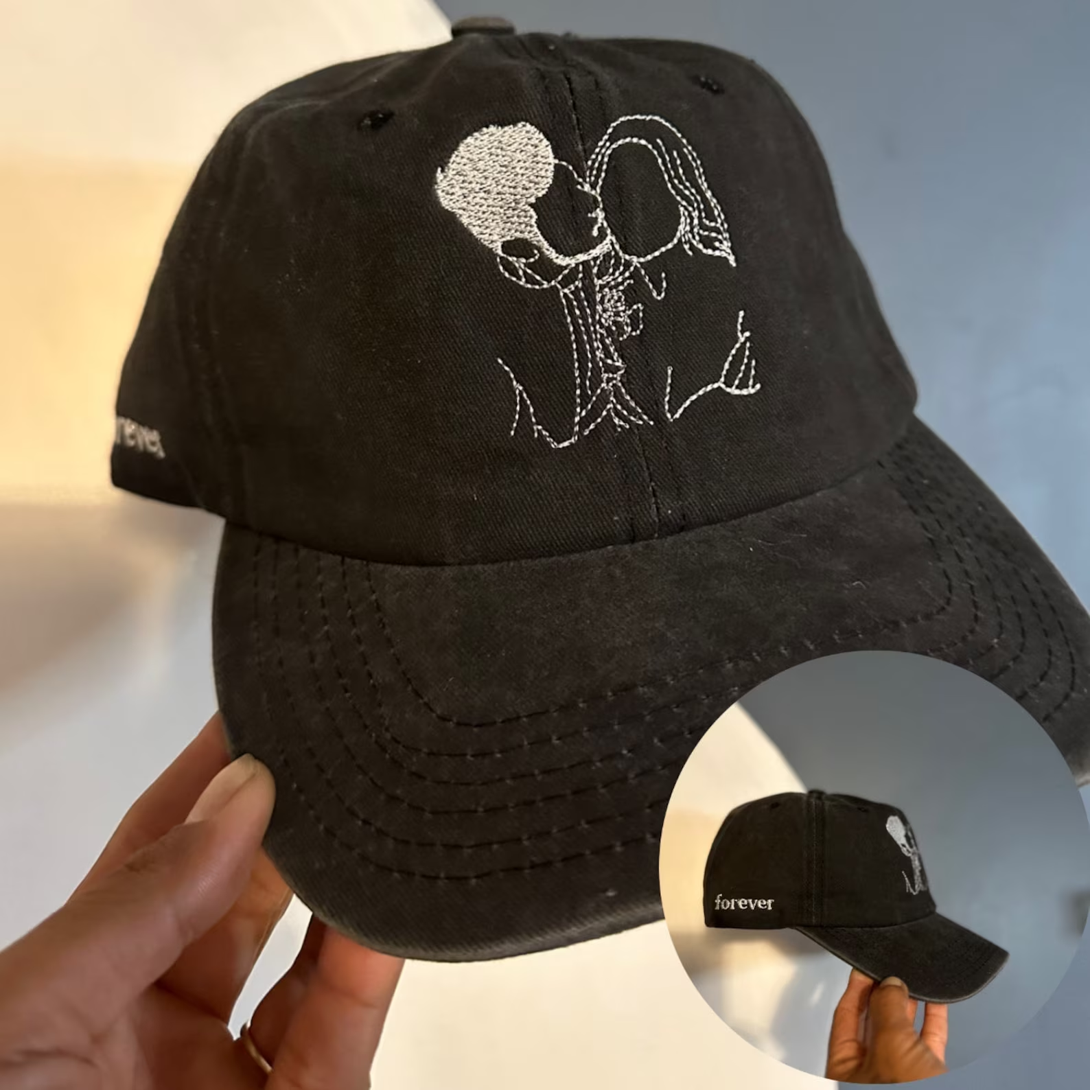 Line Art Portrait Embroidered with Roman Numerals Date on Mom Dad Hat-ilovevango