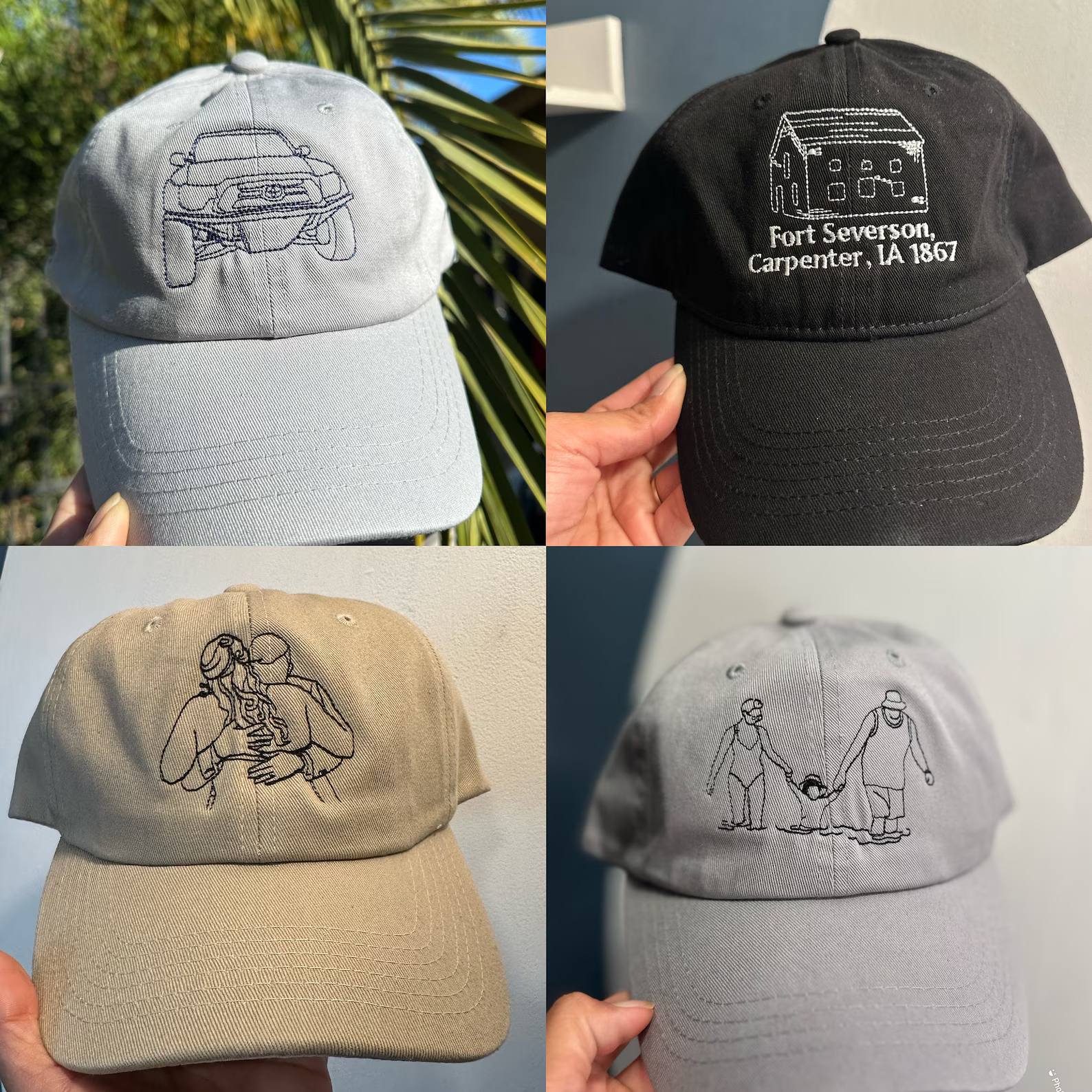 Line Art Portrait Embroidered with Roman Numerals Date on Mom Dad Hat-ilovevango