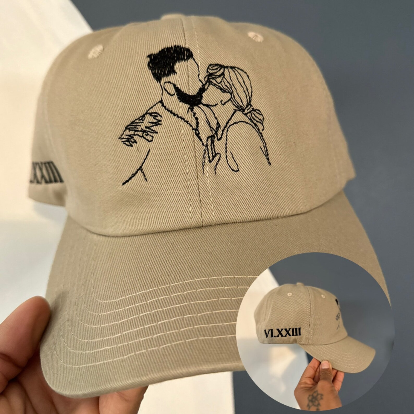 Line Art Portrait Embroidered with Roman Numerals Date on Mom Dad Hat-ilovevango