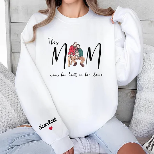 Mom Wears Her Heart On Her Sleeve Custom Photo Embroidered T-Shirt Crew Neck Hooded Sweatshirt