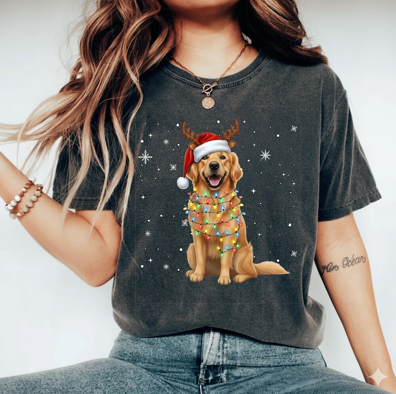 Custom Dog Christmas Shirt with Reindeer Antlers, Santa Hat & Lights