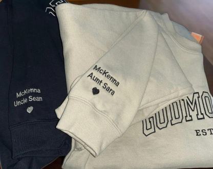 Custom Embroidered Mom Dad Sweatshirt with Kids Name on Sleeve