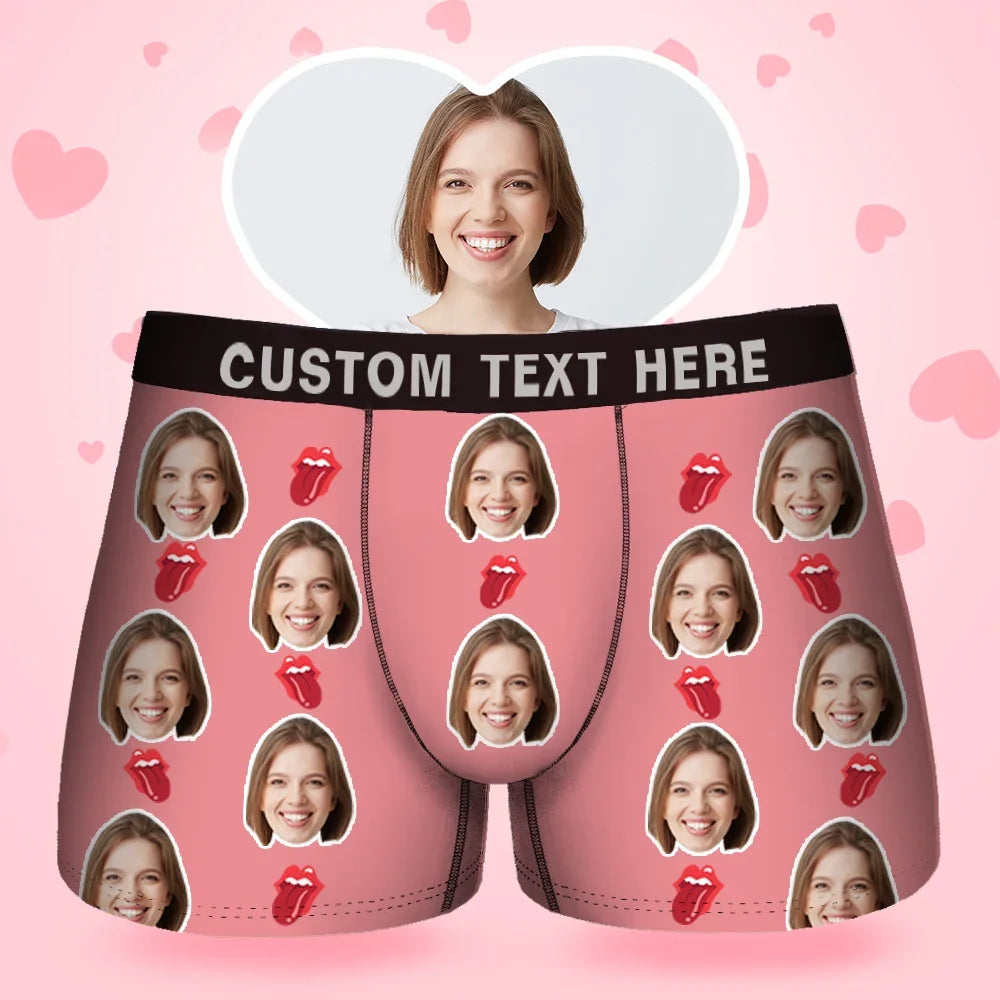 Custom Face Men's Boxer Kiss Lip Gift For Him Couple Style Underwear, Birthday Gifts for Husband, Waistband Text Boxer Gift-ilovevango
