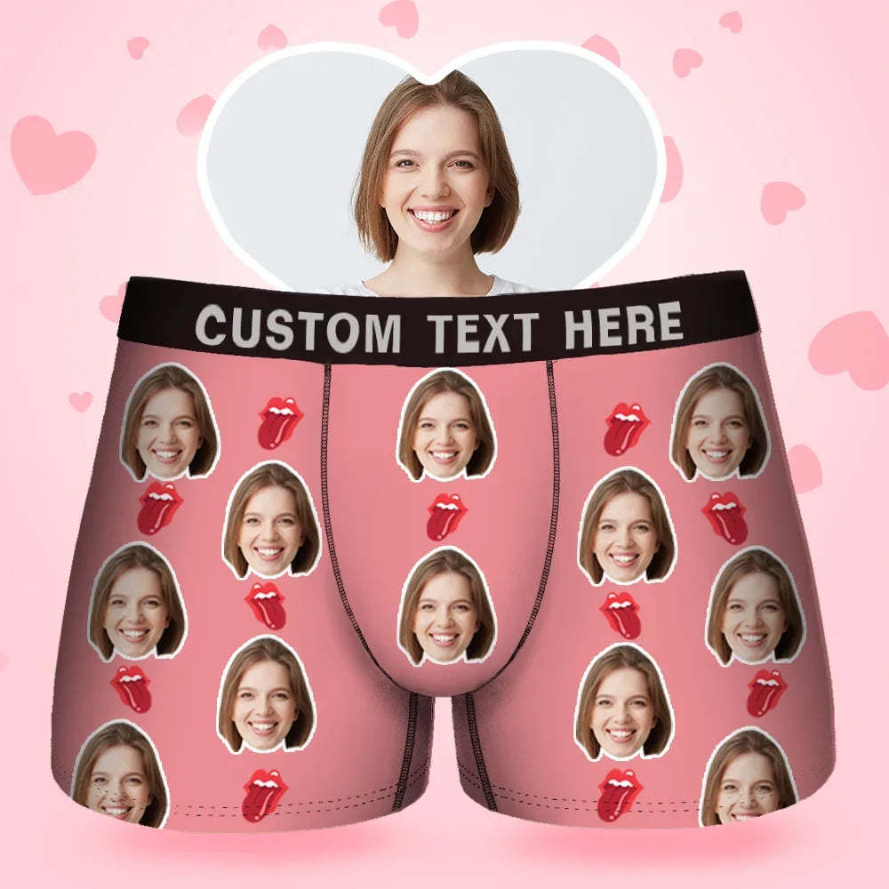 Custom Face Men's Boxer Kiss Lip Gift For Him Couple Style Underwear, Birthday Gifts for Husband, Waistband Text Boxer Gift-ilovevango