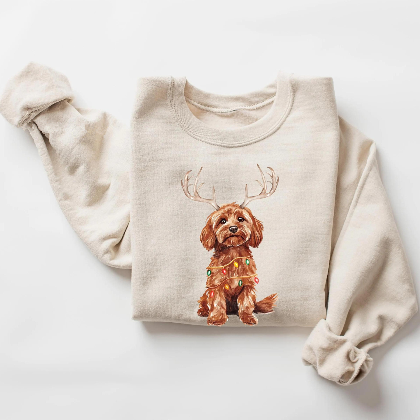Custom Christmas Dog Photo Sweatshirt with Reindeer and Christmas Lights Design