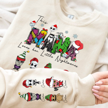 Personalized This Mom Loves Her Little Nightmares Sweatshirt, Custom Nightmare Christmas Mom Shirt With Kids Name, Christmas Family Gift