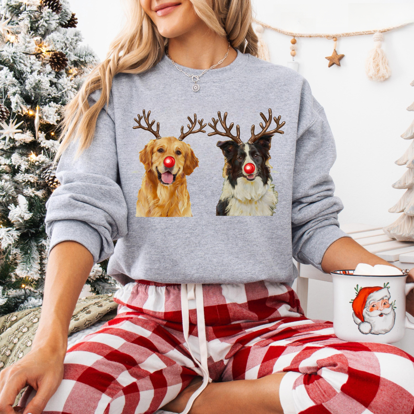 Custom Christmas Dog Photo Sweatshirt, Funny Dog Reindeer Sweatshirt