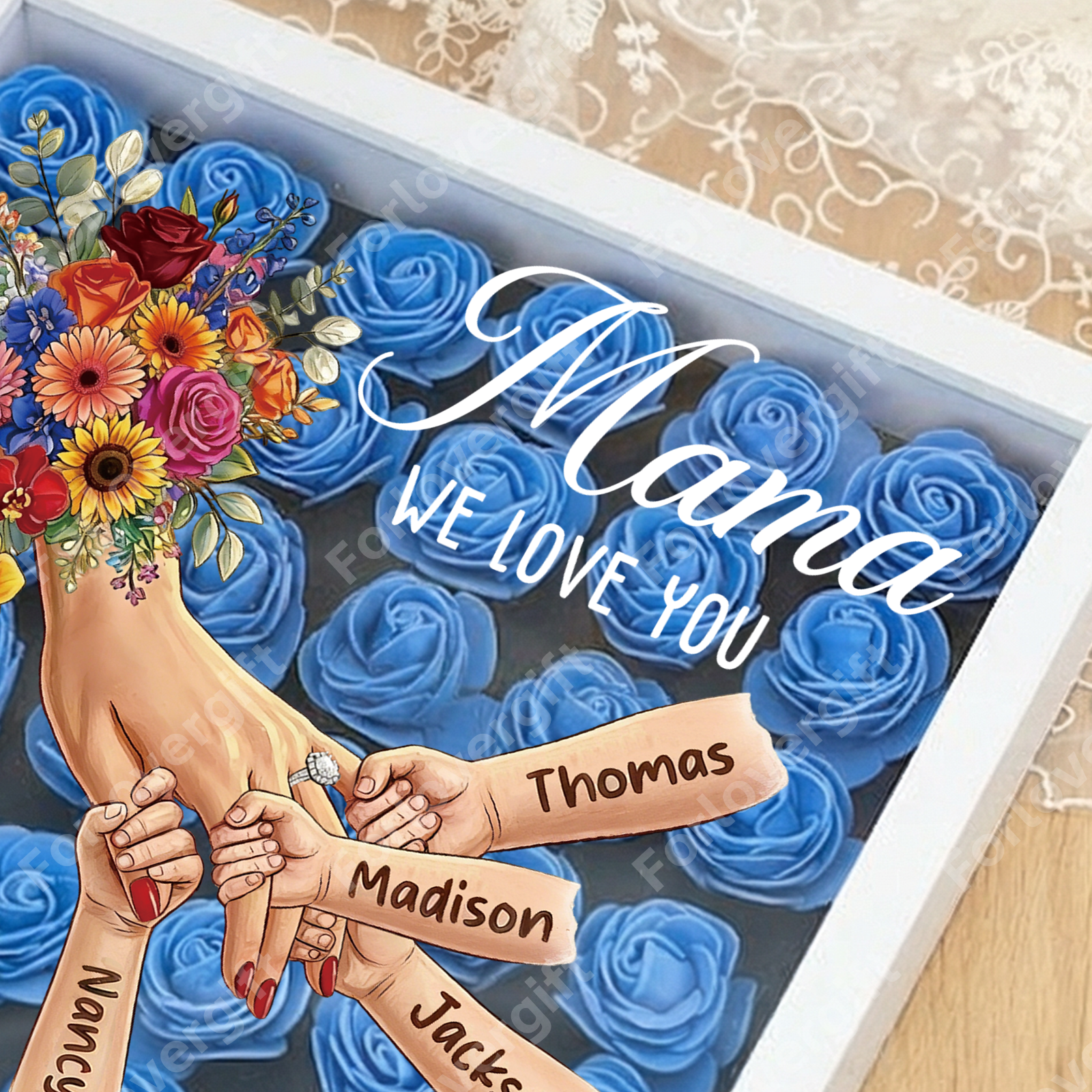 Personalized Mommy Holding Hands Shadow Box with Ring & Manicure – Custom Kids Names Floral Heart Frame, Premium Mother’s Day Gift