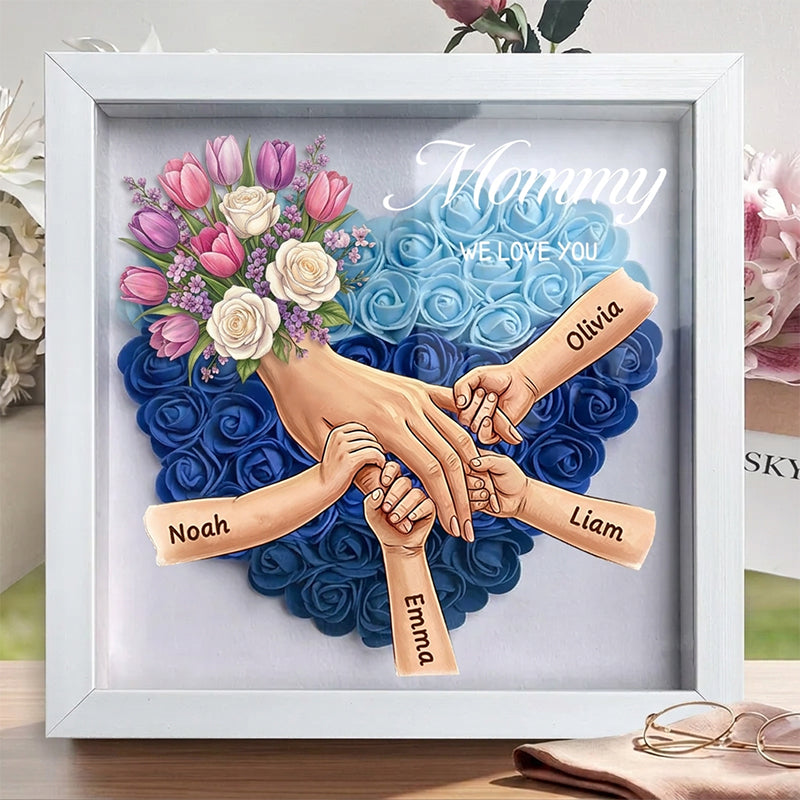 ForlovergiftTM Tulips & White Roses Personalized Mom Holding Hands Shadow Box – Custom Name Remembrance Frame, Mother’s Day In Loving Memory Gift