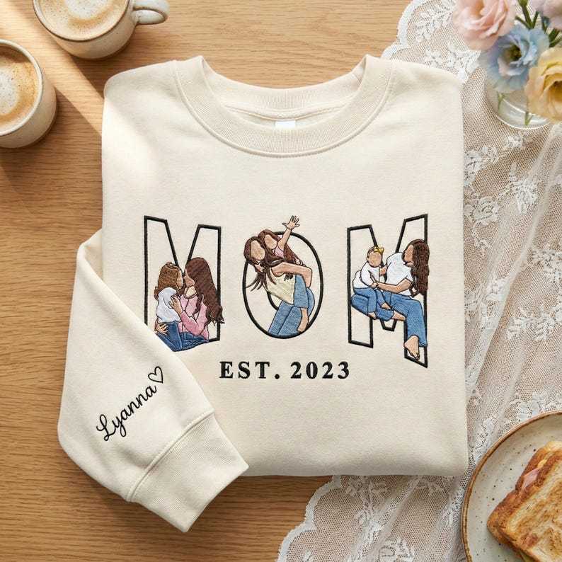 Pamaviva Embroidered Mama Sweatshirt with Multiple Portraits Custom Mama and Child Embroidery for Mother's Day Gift