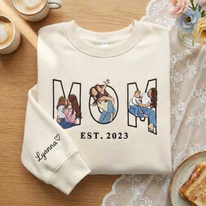 Pamaviva Embroidered Mama Sweatshirt with Multiple Portraits Custom Mama and Child Embroidery for Mother's Day Gift