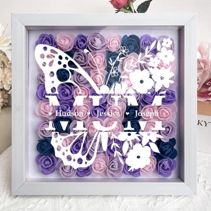 Personalized Butterfly Version Flower Shadow Box - Gift For Mum Custom Children Names