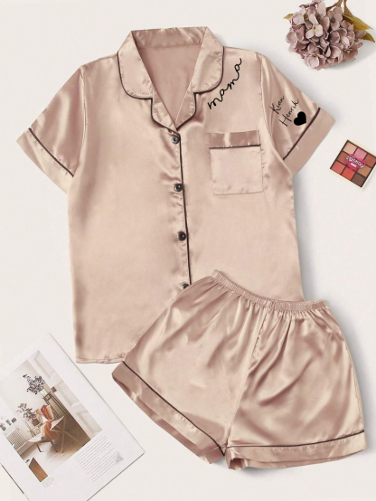 Custom Mama Print Women Pajamas Sleepwear Ice Silk Short Sleeve Top And Shorts, Personalized Pajama Set Comfortable, Mothers Day Gift-ilovevango