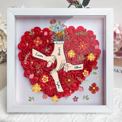 Personalised Flower Shadow Box, hand holding with many flowers