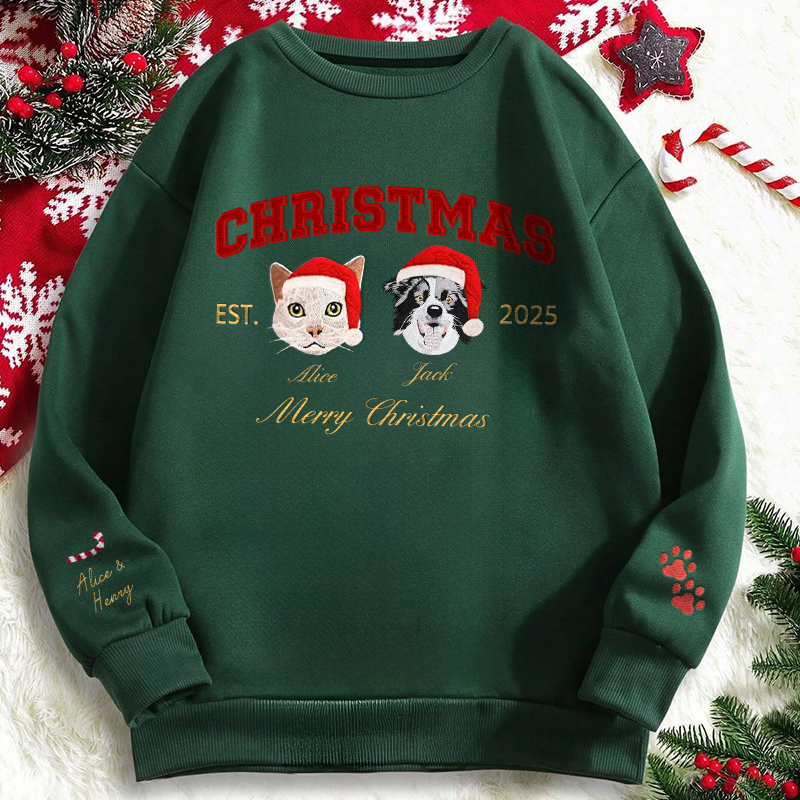 Custom Merry Christmas Embroidered Pet Portrait Sweatshirt with Glitter Side Bow Design