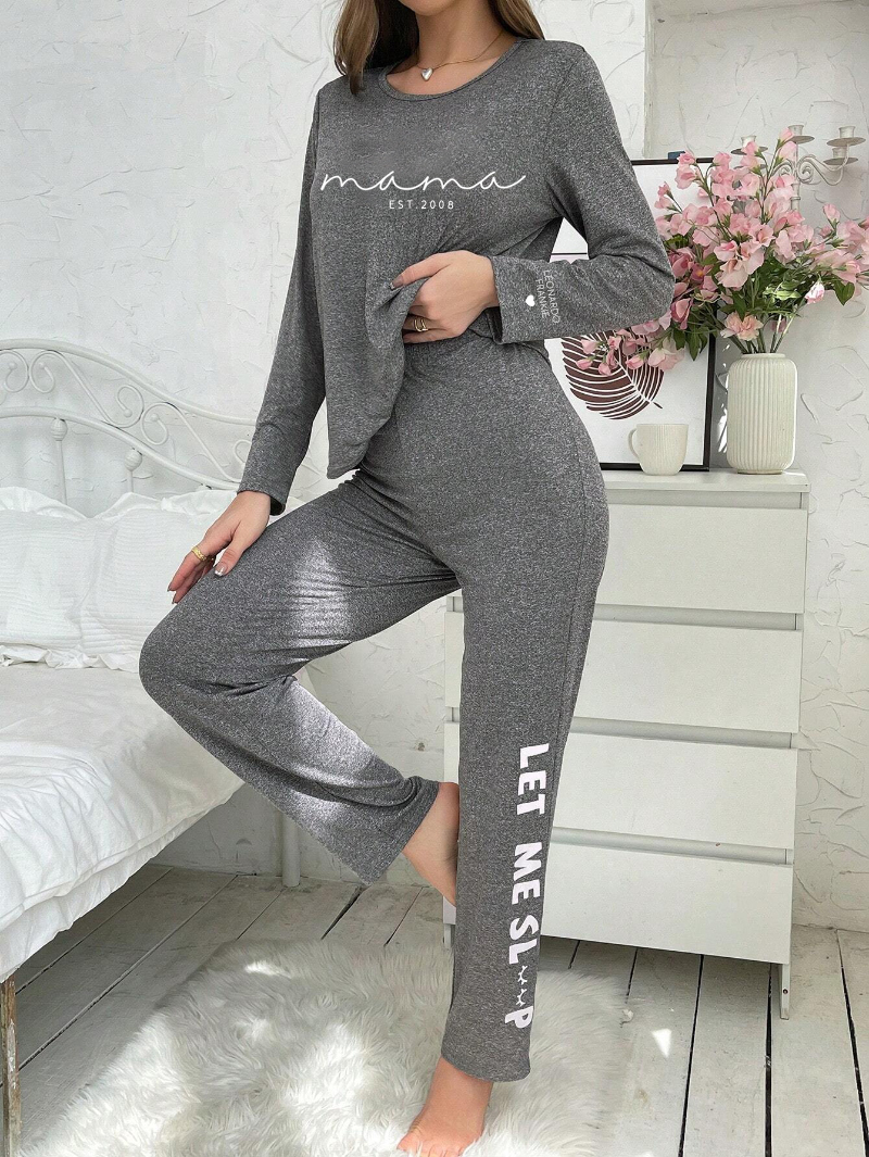 Custom Mama Letter Graphic Tee & Pants PJ Set, Personalized Pajama Set, Gift For Mom-ilovevango