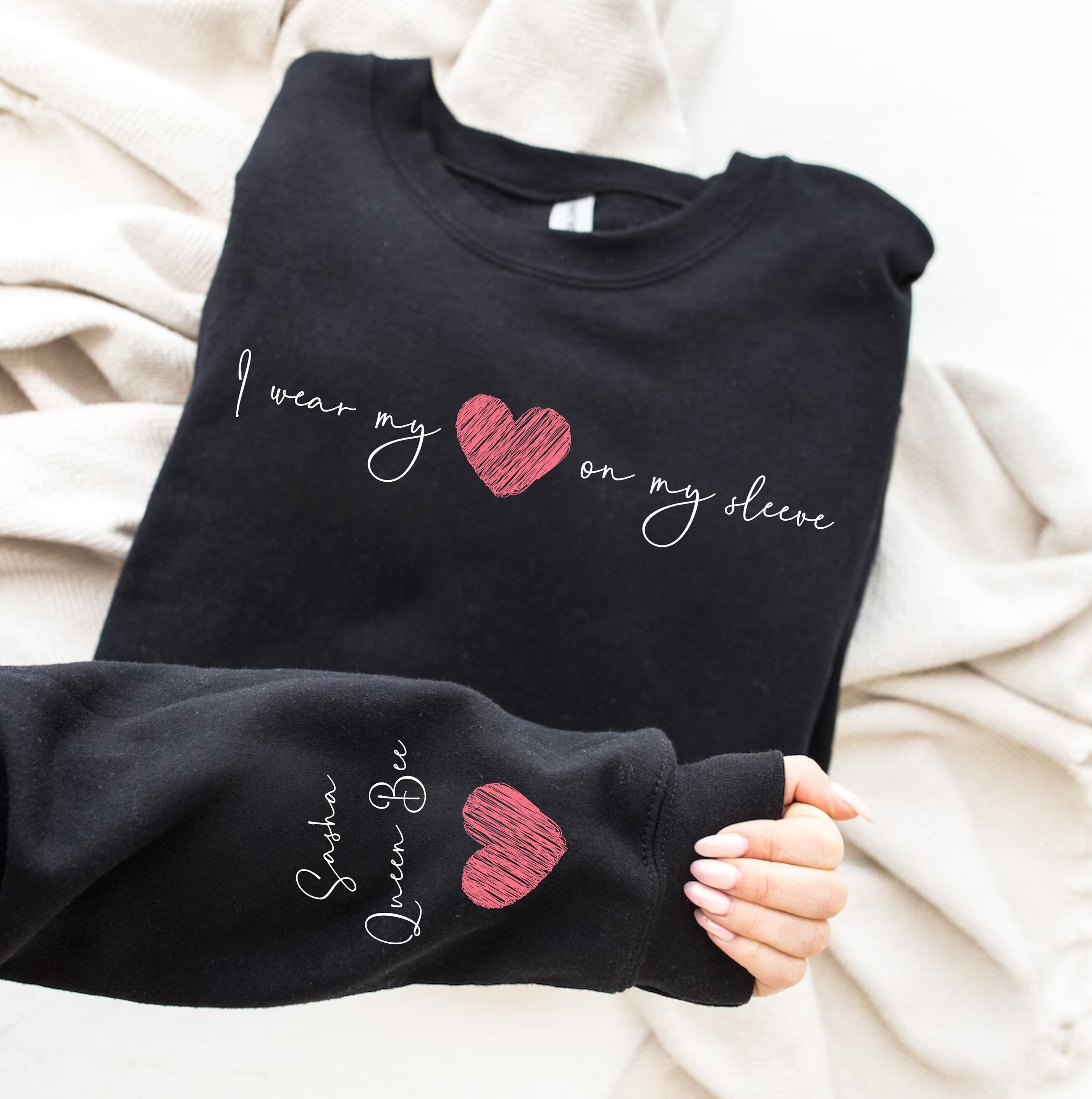 I Wear My Heart On My Sleeve - Family Personalized Custom Unisex Sweatshirt With Design On Sleeve - Gift For Mom, Grandma-ilovevango