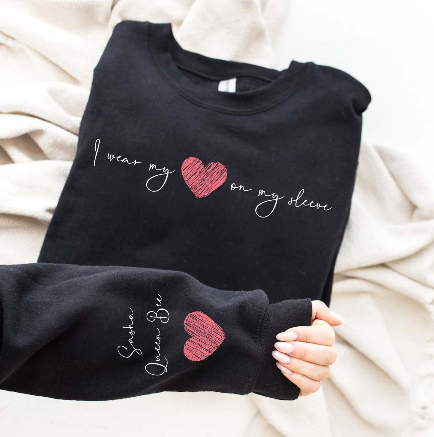 I Wear My Heart On My Sleeve - Family Personalized Custom Unisex Sweatshirt With Design On Sleeve - Gift For Mom, Grandma-ilovevango