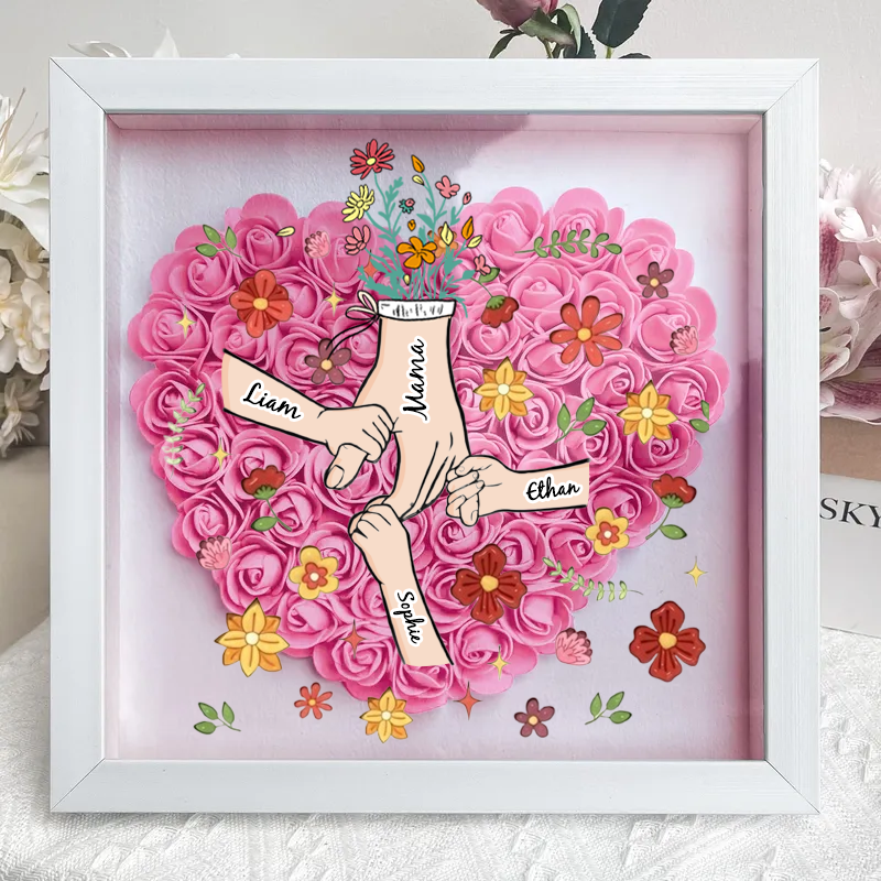 Personalised Flower Shadow Box, hand holding with many flowers