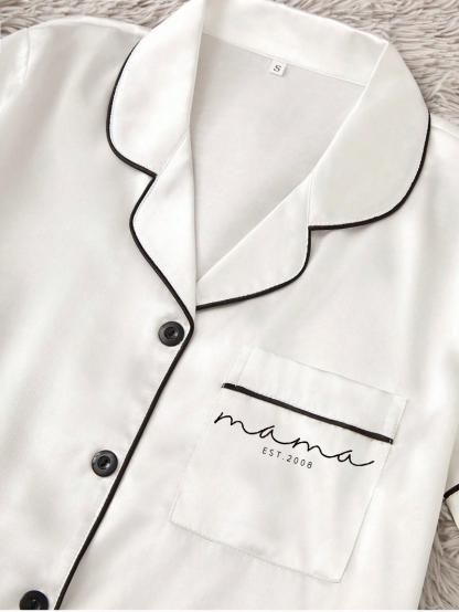 Custom Mama Print White Ice Silk Short Sleeve Top And Shorts, Thin Summer PJ Set, Mothers Day Gift-ilovevango