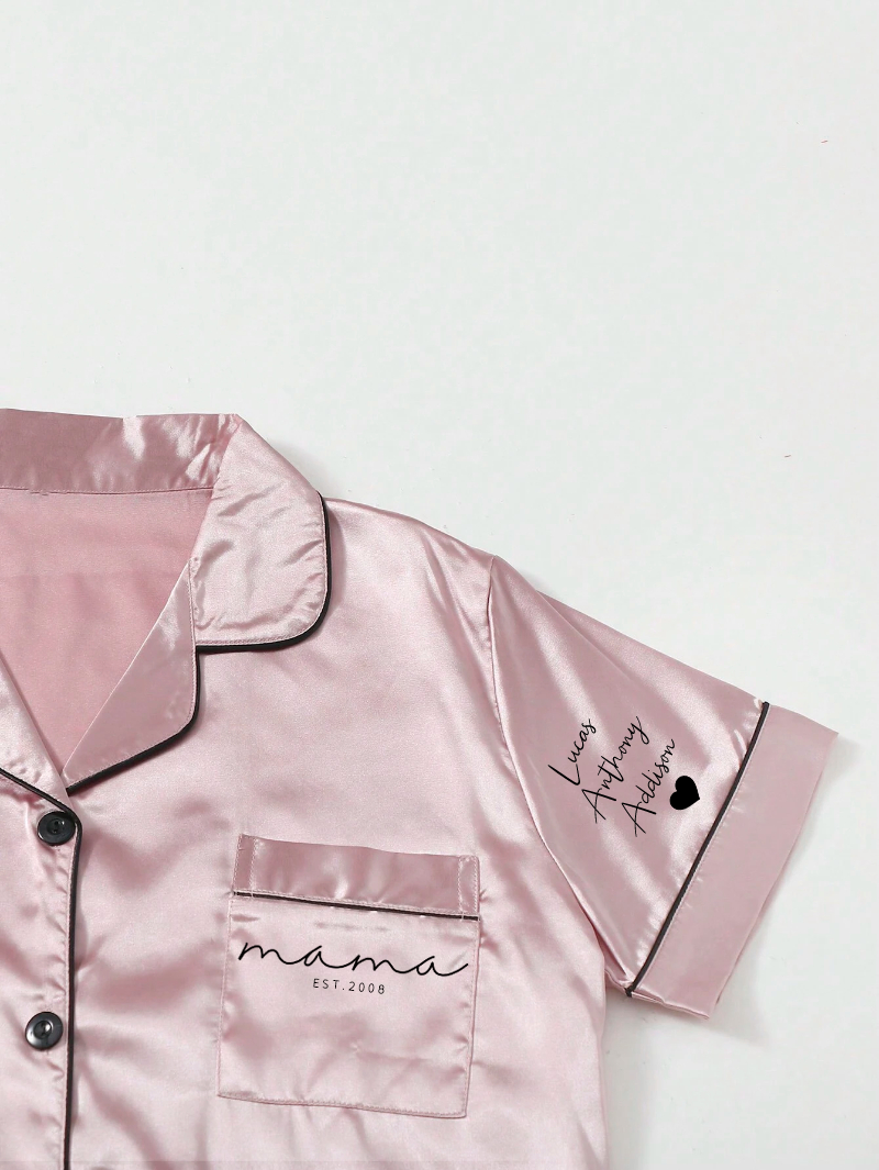 Personalized Mama Print Women Pajamas Sleepwear Ice Silk Short Sleeve Top And Shorts, Custom Ice Silk Pajama Set Comfortable, Mothers Day Gift-ilovevango