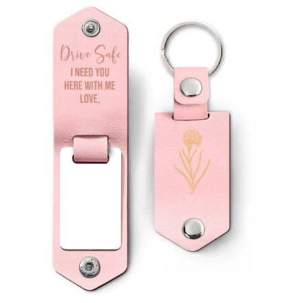 Custom Photo Birth Flower With Name Sketch - Gift For Her, Gift For Women - Personalized Leather Photo Keychain-ilovevango