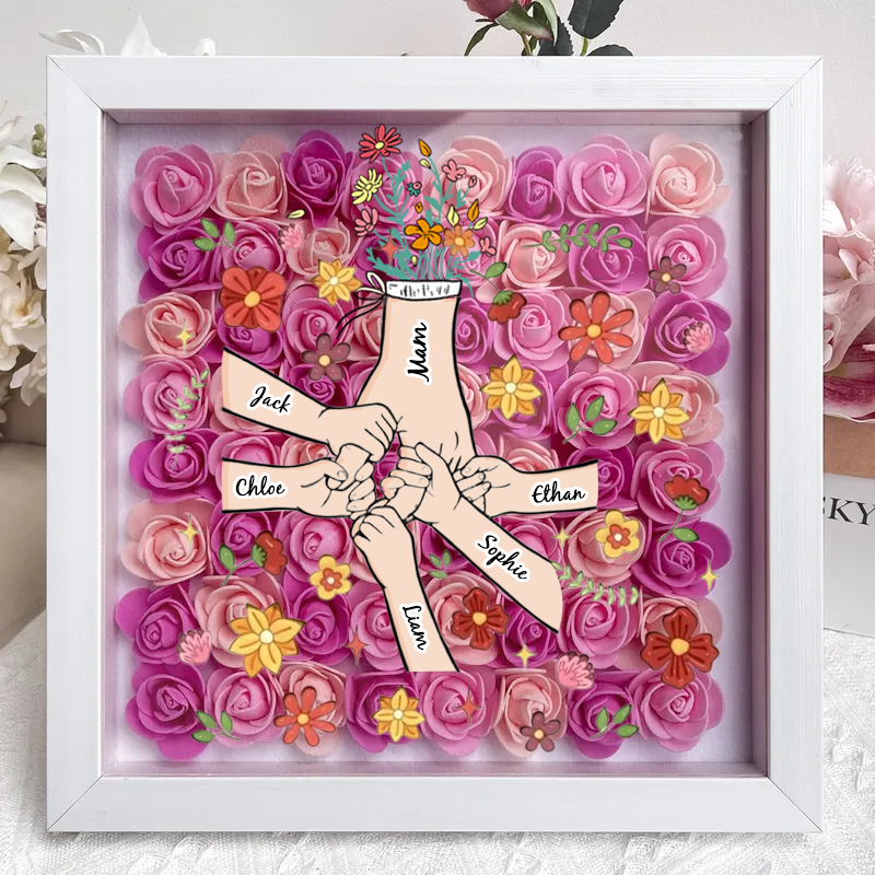 Personalised Flower Shadow Box, hand holding with many flowers