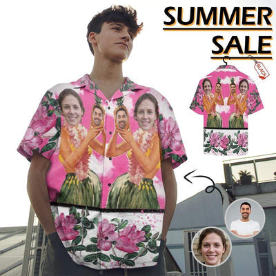Custom Image Hawaiian Shirt with Face Pink Sky Beauty Flower Tropical Aloha Shirt Make Your Own Aloha Shirt for Him-ilovevango