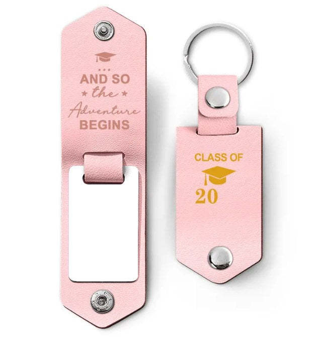 Custom Photo And So The Adventure Begins - Graduation Gift - Personalized Leather Photo Keychain