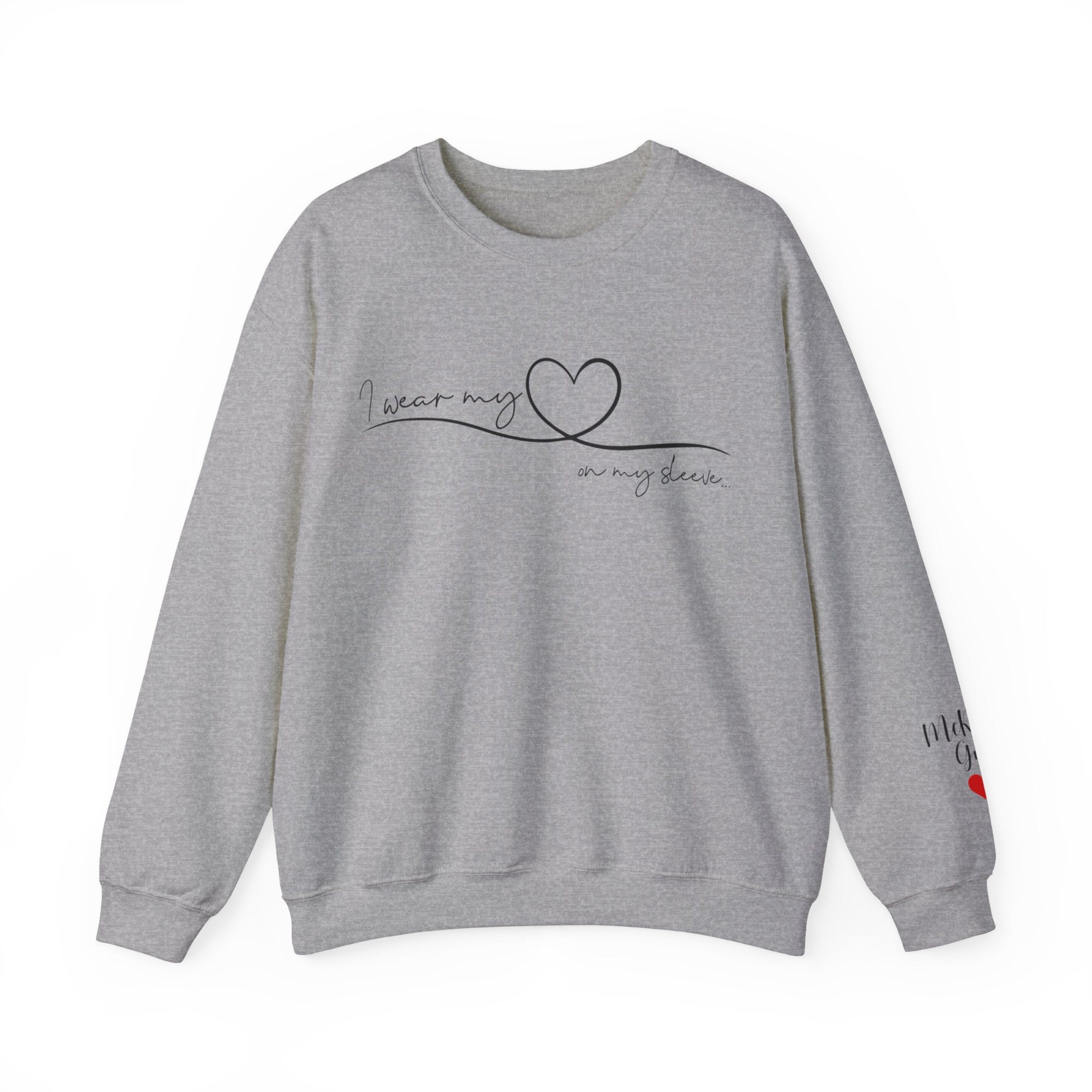 I Wear My Heart On My Sleeve Sweatshirt With Kid Names, Custom Mom Sweatshirt, Kids Names On Sleeve-ilovevango