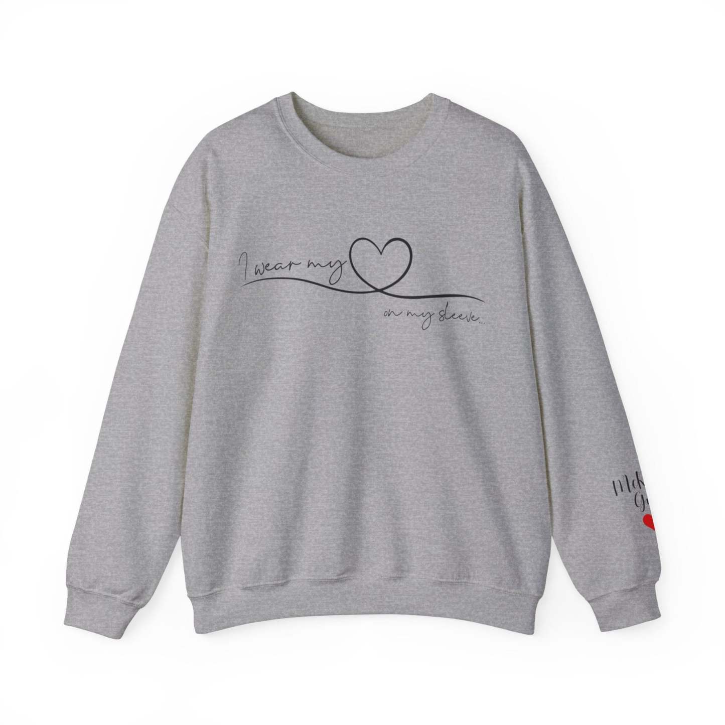 I Wear My Heart On My Sleeve Sweatshirt With Kid Names, Custom Mom Sweatshirt, Kids Names On Sleeve-ilovevango