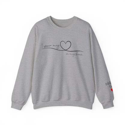 I Wear My Heart On My Sleeve Sweatshirt With Kid Names, Custom Mom Sweatshirt, Kids Names On Sleeve-ilovevango