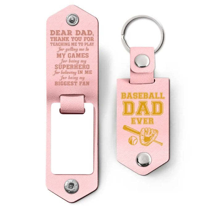 Custom Photo Dear Dad Thank You For Teaching Me - Birthday, Loving Gift For Baseball, Softball Father - Personalized Leather Photo Keychain-ilovevango