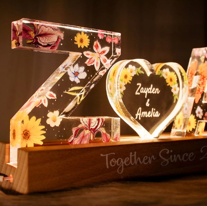 Couple Initial Letter, Flower Birth Month, Personalized LED Night Light
